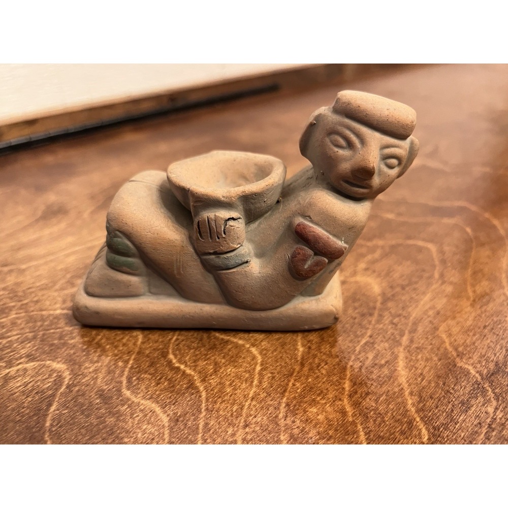 Vintage South American Pottery Figurine Red Clay Man With Bowl